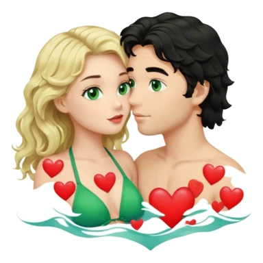 Blonde girl Green eyes wavy hair Green Bikini whole body Kissing man black Hair blue eyes Hearts in Body Background beach sticker