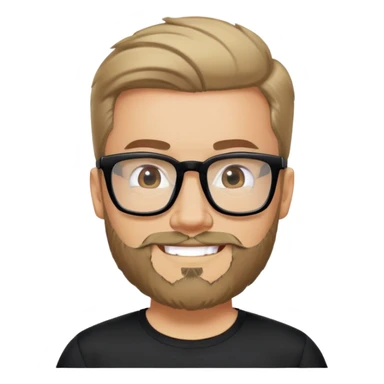 Man with light skin, full facial beard, short upswept hair, large black-framed glasses, smiling face, black sports fabric shirt sticker