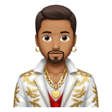 Teddy Riley with dark brown hair, white sequin jacket, shirtless with necklace sticker