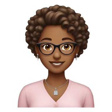 Brown skin curly hair girl with dark brown eyes black framed glasses little diamond earrings cross necklace light pink shirt smiling  sticker