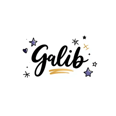 Galib in elegant cursive and bold mix, dreamy purple blue gold gradient, surrounded by sparkles, hearts, stars, and aesthetic emojis, romantic luxurious whimsical nameplate sticker