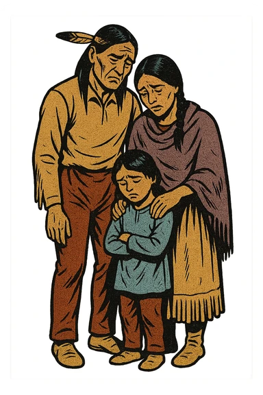 The full bodies of a sad native American family from the 1850s who are standing close together. sticker