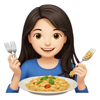 chica joven con piel clara y pelo oscuro largo comiendo un plato de pasta que parezca un emoji de iphone (sistema ios) sticker