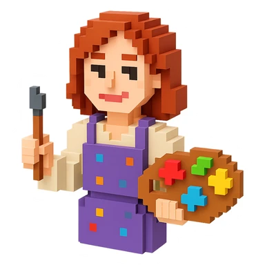 Serene female oil painter, Caucasian features, shoulder-length auburn hair, soft brown eyes, gentle smile, wearing a violet painter’s apron lightly stained with paint over a beige blouse, holding a wooden palette with vibrant colors in one hand and a brush in the other, waist-up, front-facing sticker