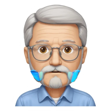 old man with long hair and beard wearing glasses with shirt sticker