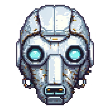 a jaded AI, robotic head with droopy eyes, metallic textures, neutral palette sticker