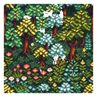 springtime forest with blooming flowers and green foliage in pixel art style sticker