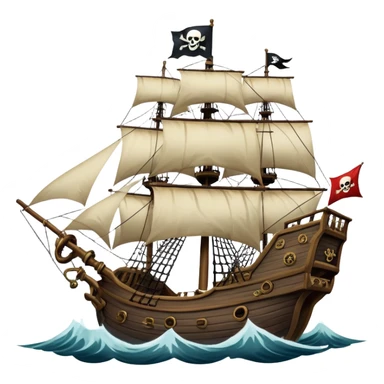 An icon representing an adventure game, inspired by high-seas exploration. The design features a fearless pirate gripping the wheel of a grand sailing ship, its tattered Jolly Roger flag billowing as it cuts through stormy waters. The scene evokes danger, treasure, and the thrill of the open sea. Transparent background. sticker
