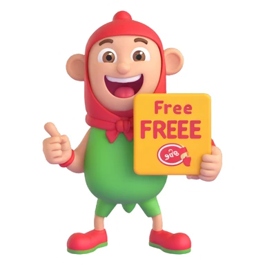 playful happy character sneaking food or holding a sign that says 'free' with a mischievous or cheeky expression sticker