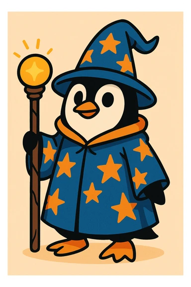 a penguin dressed as a wizard, with a pointy hat and a magic staff, fun whimsical style sticker