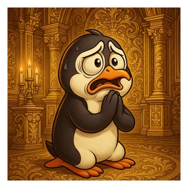 a cartoon penguin kneeling, flippers pressed together, dramatic facial expression, praying and begging, in a lavish baroque setting, gold and intricate patterns sticker