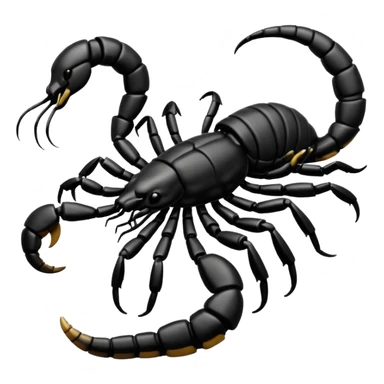 A 3D cartoon scorpion with shiny dark body and curled tail, on a light surface, realistic Memoji-style, soft lighting. sticker