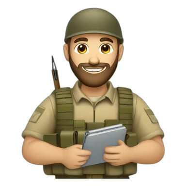 pale brown bearded israeli IDF soldier happy holding notebook and pen sticker