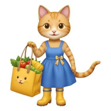 smiling-cat-in-a-blue-dress,-yellow-boots,-carrying-a-market-bag sticker