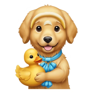 Golden retriever dog with a toy duck sticker