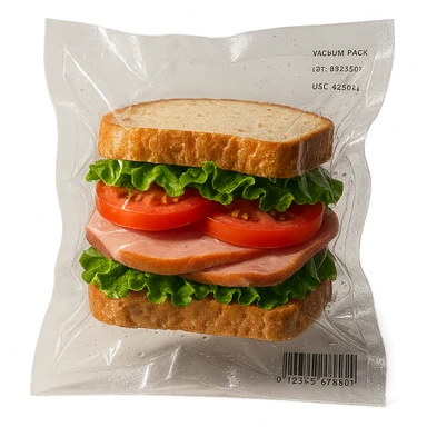 vacuum-sealed sandwich, visible through clear plastic sticker