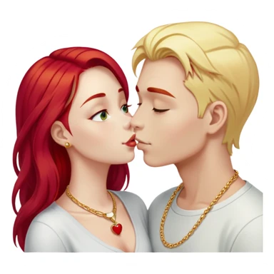couple kissing, girl with long cherry red hair and blonde eyebrows, gold A necklace, light clothes, and boy with PURE WHITE SHORT HAIR (completely white like paper, not blonde, not gray) sticker