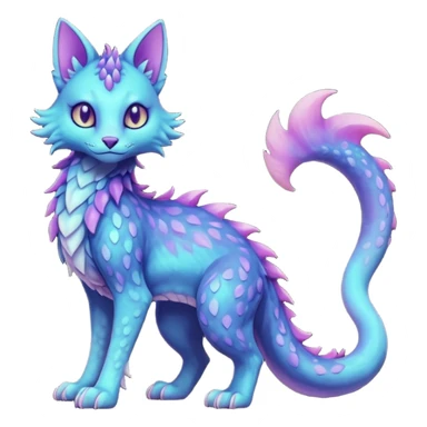 Kawaii dark gloomy pastel shiny soft smooth glossy scaley bio-luminescent abyssal colorful edgy fantasy ethereal feline-vernid-sergal-fursona animal creature with a tufted tail full body sticker