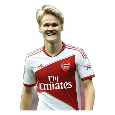 Martin Odegaard Martin Odegaard celebrates wearing an Arsenal shirt sticker