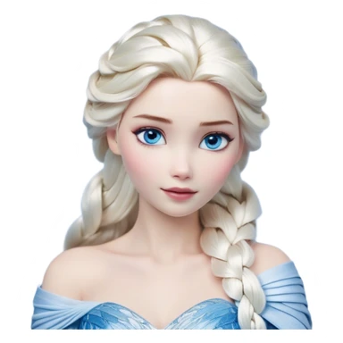 Cinematic Realistic Elsa Portrait, depicted with lifelike skin texture, soft natural lighting, and intricately detailed platinum blonde hair styled elegantly. Her striking, expressive blue eyes exude confidence and grace, complemented by a serene and regal expression. She is dressed in her signature icy attire, with shimmering fabric textures and delicate folds that catch the light beautifully. The portrait features a soft, enchanting glow with a cool, radiant finish, capturing the essence of timeless elegance in a realistic and painterly style, evoking a sense of depth and authenticity. sticker