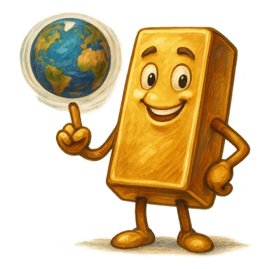 В cлегка рисованной, но при этом объемной и яркой стилистике сгенерируй картинку где фотореалистичный слиток золото с руками и ногами стоит и смотрит на зрителя улыбается, в одной руке он на указательном пальце держит землю с эффектом размытия, как баскетбольный мяч, прозрачный фон sticker