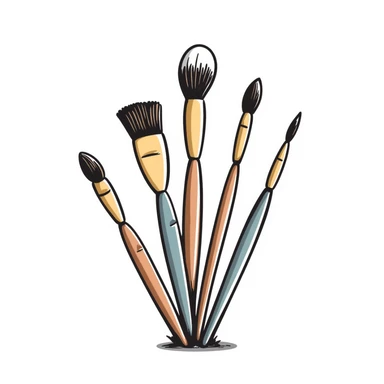 A set of artist paintbrushes in different sizes and shapes with wooden handles in pastel colors (dd9fb0, ffc6d3, a3bfc9, c4bee2, f1b091), hand-drawn doodle style sticker