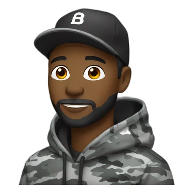 black man with a beard, gray camo hat, black pullover  hoodie sticker