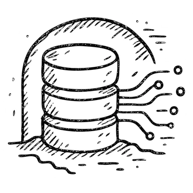 hand drawn outlined icon of stacked database cylinders in a basement or underground setting with abstract data streams, worn and distressed effect, detailed icon sticker