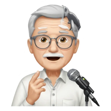 singer, Old man, singing to mic, white shirt glasses sticker