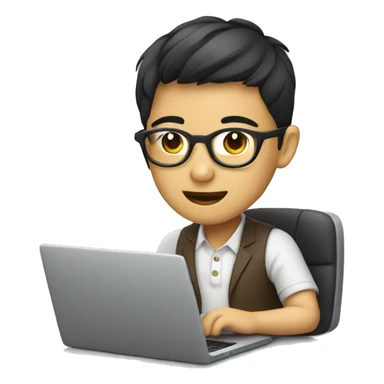 a asian human wear glasses is working on a laptop with a cup of coffee sticker