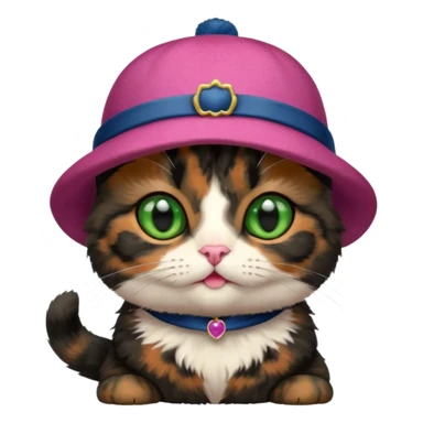 Cute mostly black tortoiseshell kitten wearing a british hat sticker