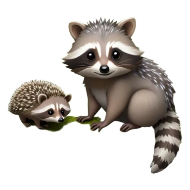 Collage of an exotic raccoon and a hedgehog, both curiously exploring a forest setting with moss and small flowers. The raccoon is perched on a tree branch, and the hedgehog is nestled in the underbrush. Vibrant nature backdrop. Transparent background. sticker