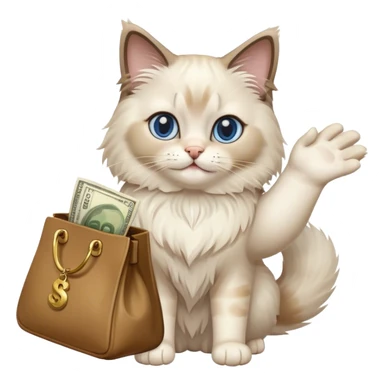 the ragdoll cat waves its paw and holds a bag of money sticker