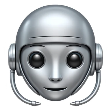 A cute futuristic robot emoji made of silver chrome, rounded friendly body, minimal facial features, glossy metallic surface, soft reflections, iOS emoji style, centered, clean white background sticker