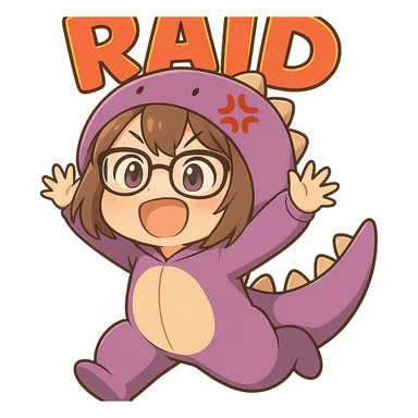 Add the text 'RAID' in front of the chibi anime style gamer girl jumping, keeping the same chibi stickers style, with no background. sticker