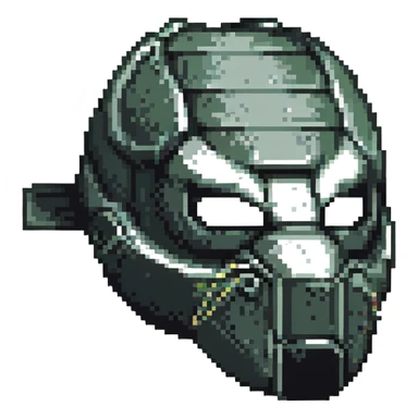 A black turtle mask with scratches, pixel art style, three-quarter view sticker