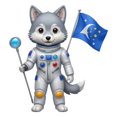 a wolf in space suit, holding blue rectangle flag, full body sticker