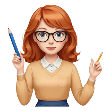 redheaded woman with long wavy hair and bangs, blue eyes, cat-eye glasses, pencil skirt, apricot blouse, holding a pencil, waving sticker