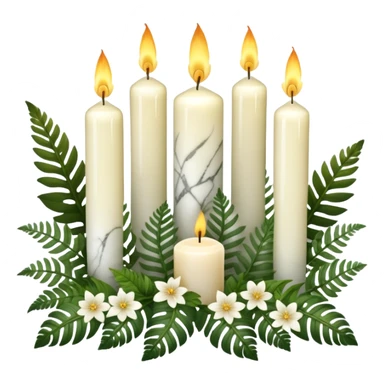Aesthetic scenic beautiful gorgeous holy divine spiritual pretty elegant sparkly shiny scene of Candles, flowers, marble stone, lush vines, ferns, scenic aesthetic scenery sticker