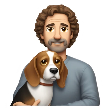 Beagle cuddles middle age man with curly dark brown  hair without bear  sticker