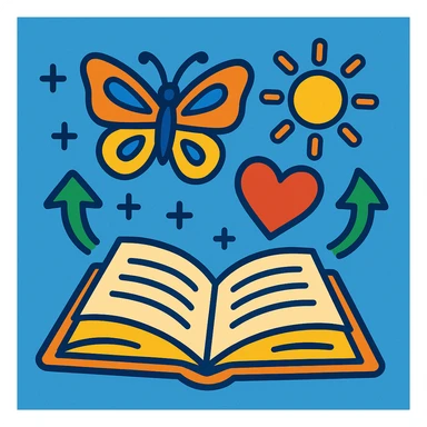 open book with symbols of transformation (butterfly, heart, sun) floating above it, optimistic and motivational style sticker