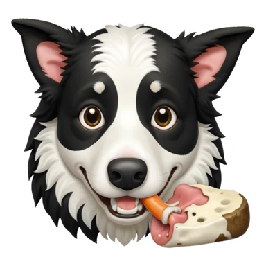 A black and white border collie is chewing on a rotten, smelly cow's hoof. sticker