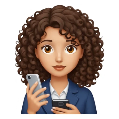 brunette girl with curly medium length hair, brown eyes, slightly tan skin, holding a phone sticker