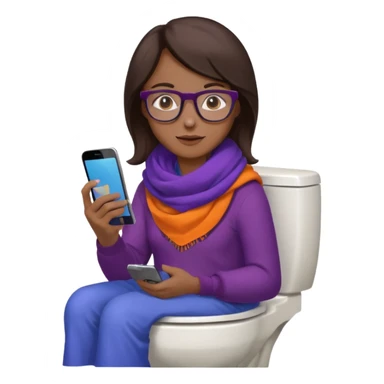 Fille châtain foncé avec lunettes. Elle porte une grosse écharpe violette, bleu et orange. Elle assise dans une cuvette de toilette. Téléphone en main. Realiste sticker