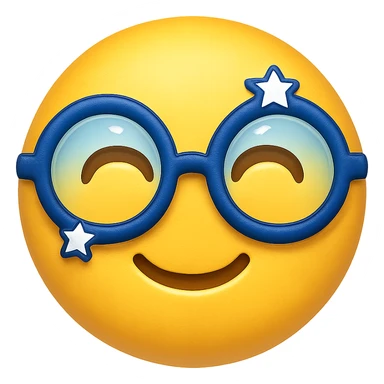 yellow face with blue wizard glasses, digital illustration, emoji style sticker