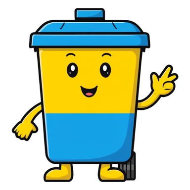 cartoon blue bin with a happy face, waving and saying hi sticker