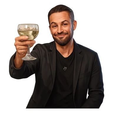 Герой на фотографии в позе и выражением лица из знаменитого мема с Ди Каприо из Великого Гэтсби, слегка рисованный, но при этом реалистичный объемный стиль, прозрачный фон sticker