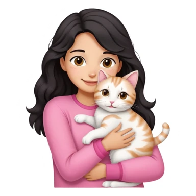 A girl with black wavy hair and light tan skintone, wearing a pink clothes, hugging a tabby white cat while smiling  sticker