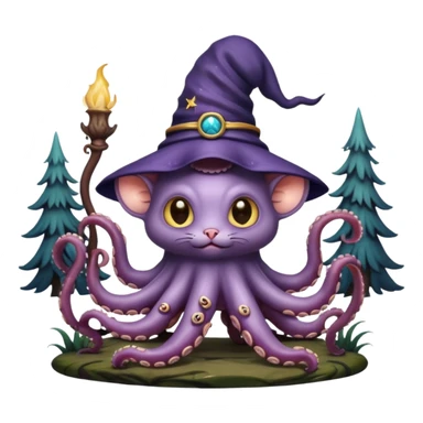 a cat that looks like a wizard that is half monster half octopus holding a rat looking super scary and mysterious with forest background nighttime sky sticker