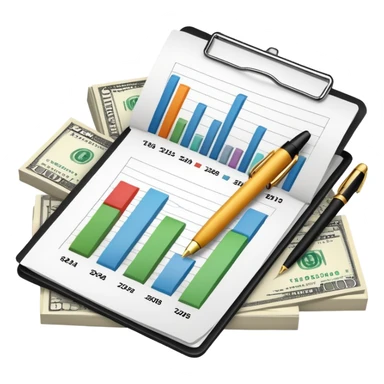 financial documents with charts, dollar sign, and pen sticker